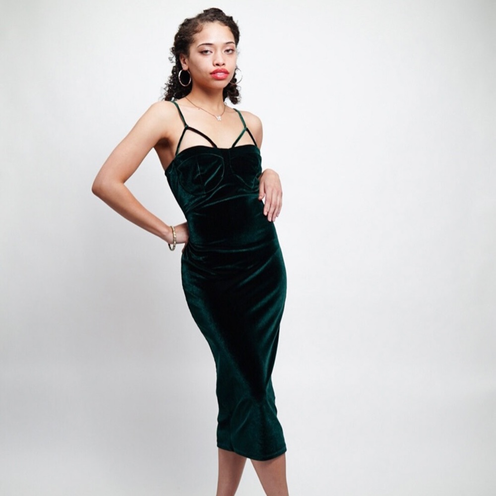 Green velvet cocktail dress